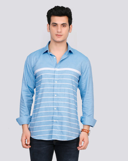 Men Light Blue Dobby Horizontal Stripe Casual Shirt