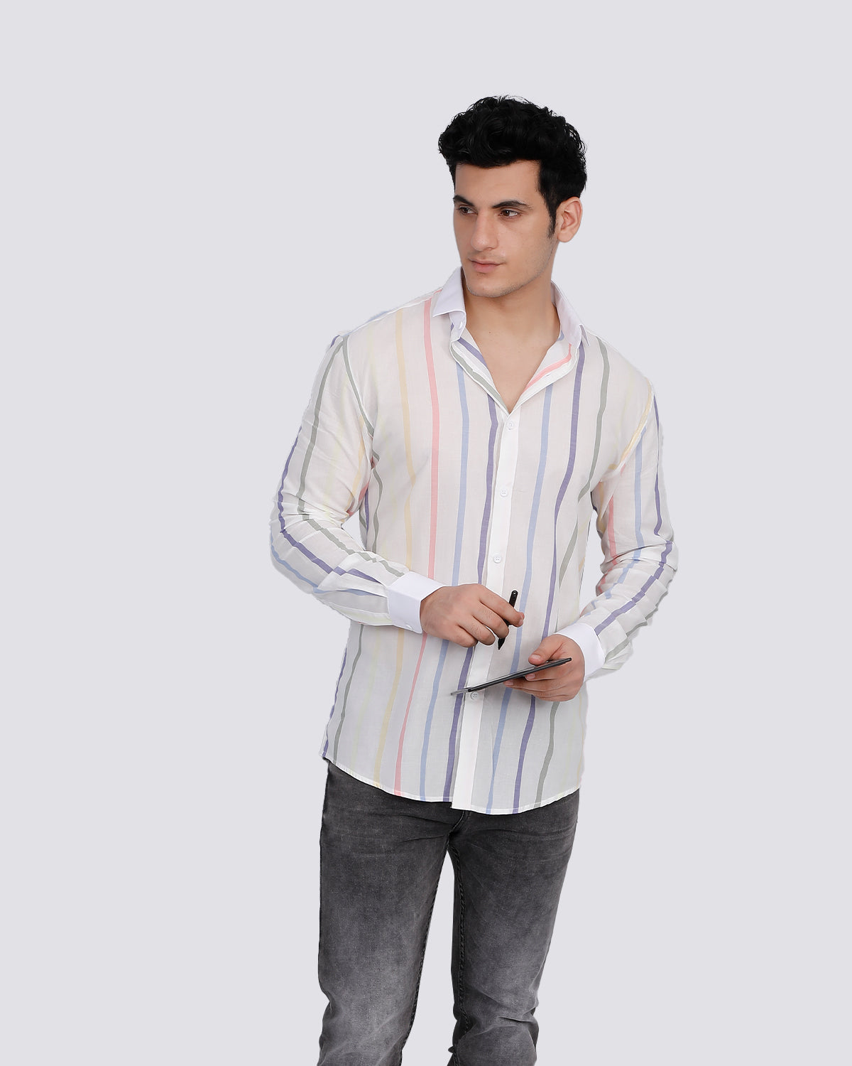Bright White Multicolor Striped Premium Shirts