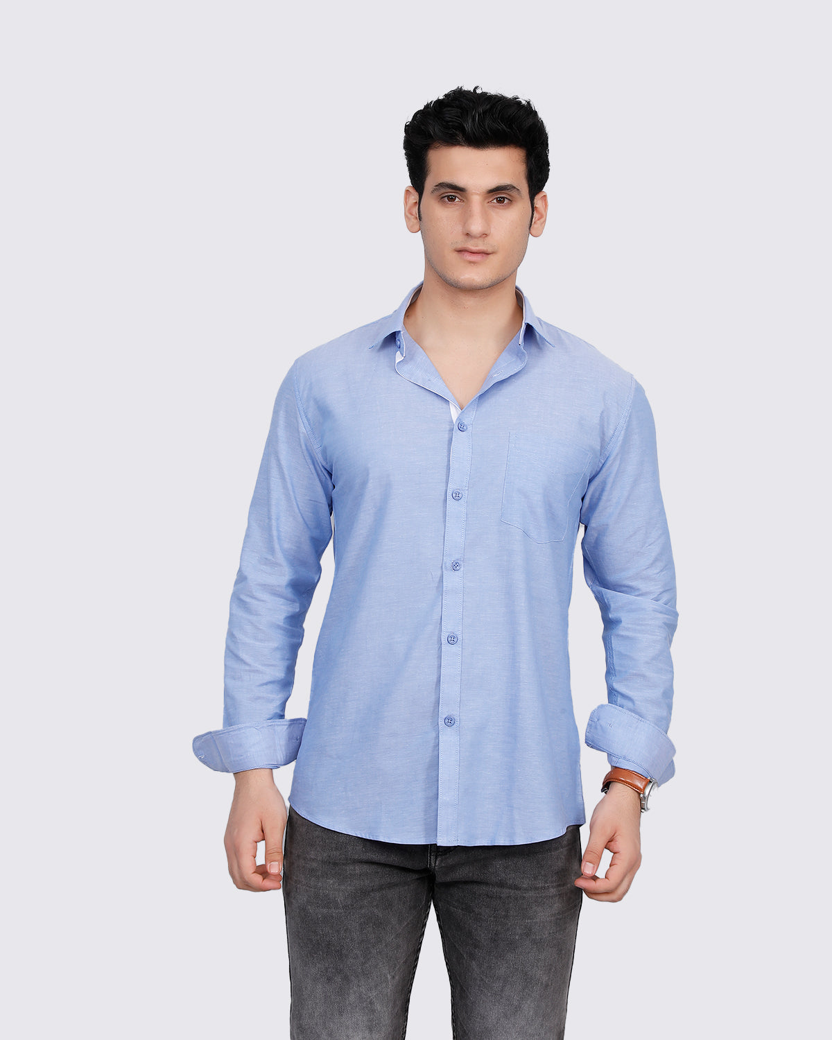 Textured Slim Fit Shirt with Patch Pocket - Blue