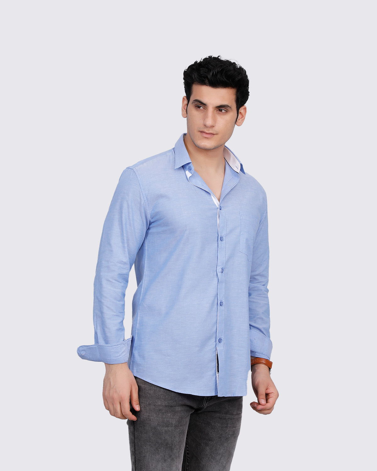 Textured Slim Fit Shirt with Patch Pocket - Blue