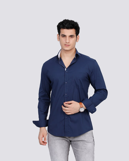 Cotton Marine Blue Semi Formal Shirt