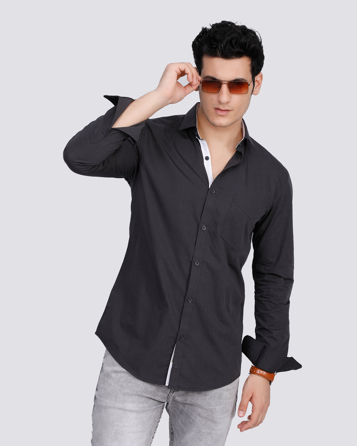 Cotton Charcoal Black Semi Formal Shirt