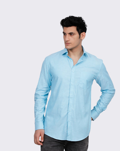 Men's Sky Blue Solid Semi Formal Shirt
