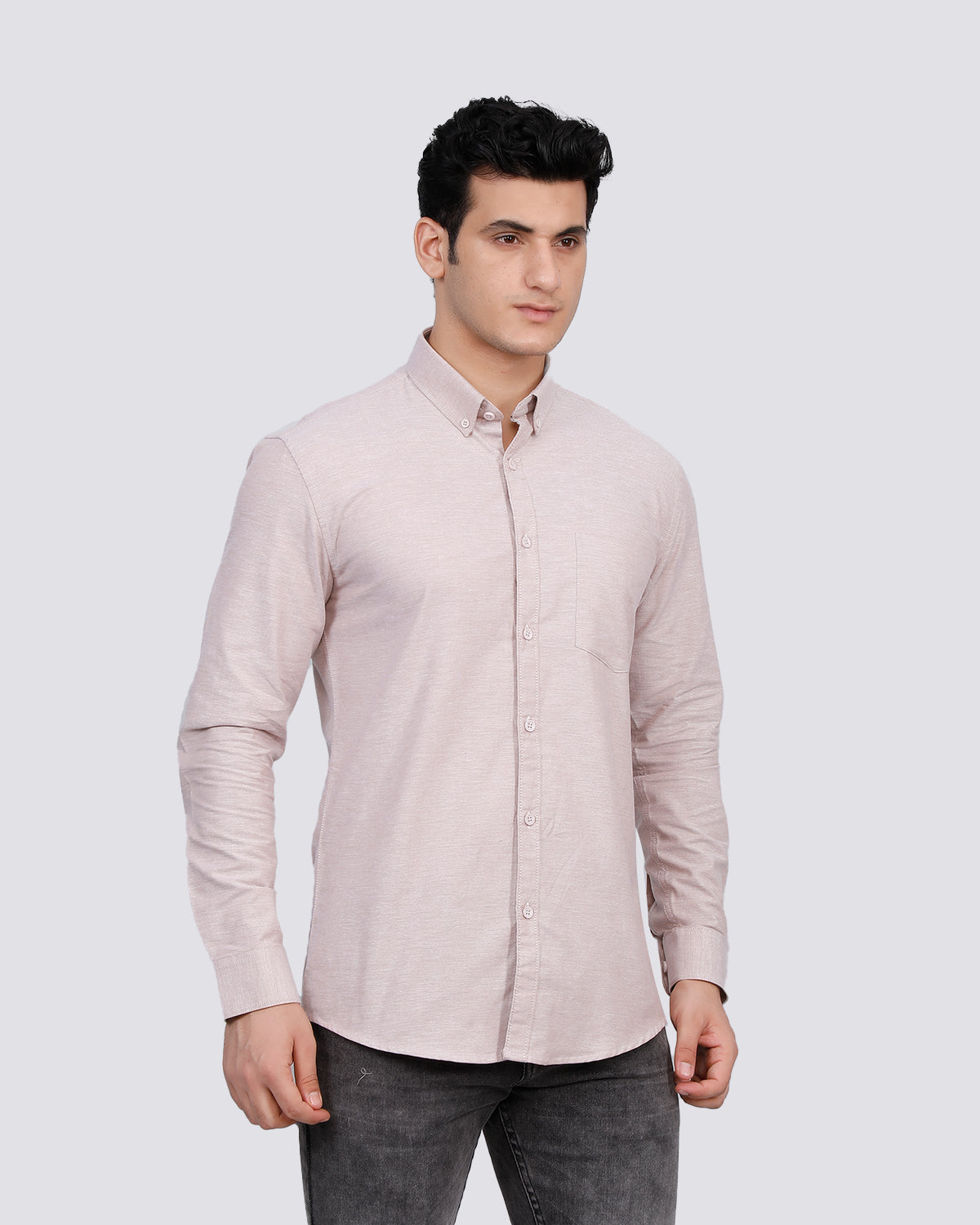 Textured Slim Fit Shirt with Patch Pocket - Beige