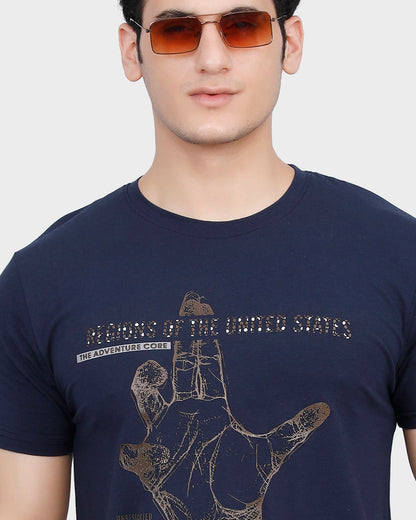 Graphic Print Slim Fit Crew-Neck T-Shirt - Navy