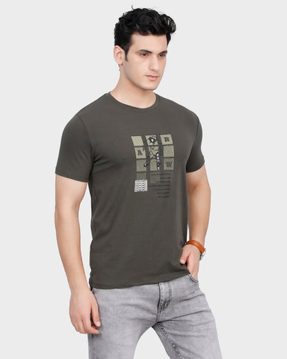 Printed Round Neck Cotton Blend T-Shirt - Olive