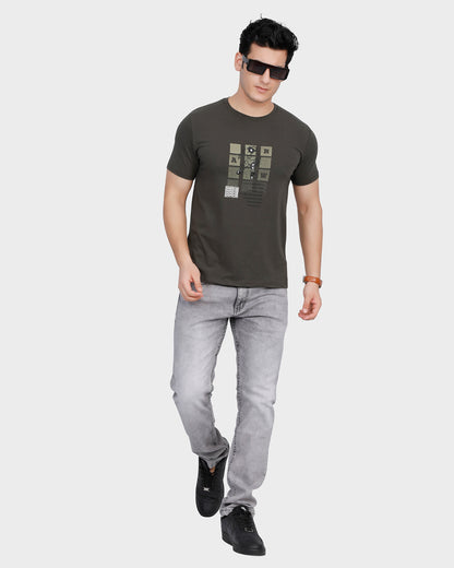 Printed Round Neck Cotton Blend T-Shirt - Olive