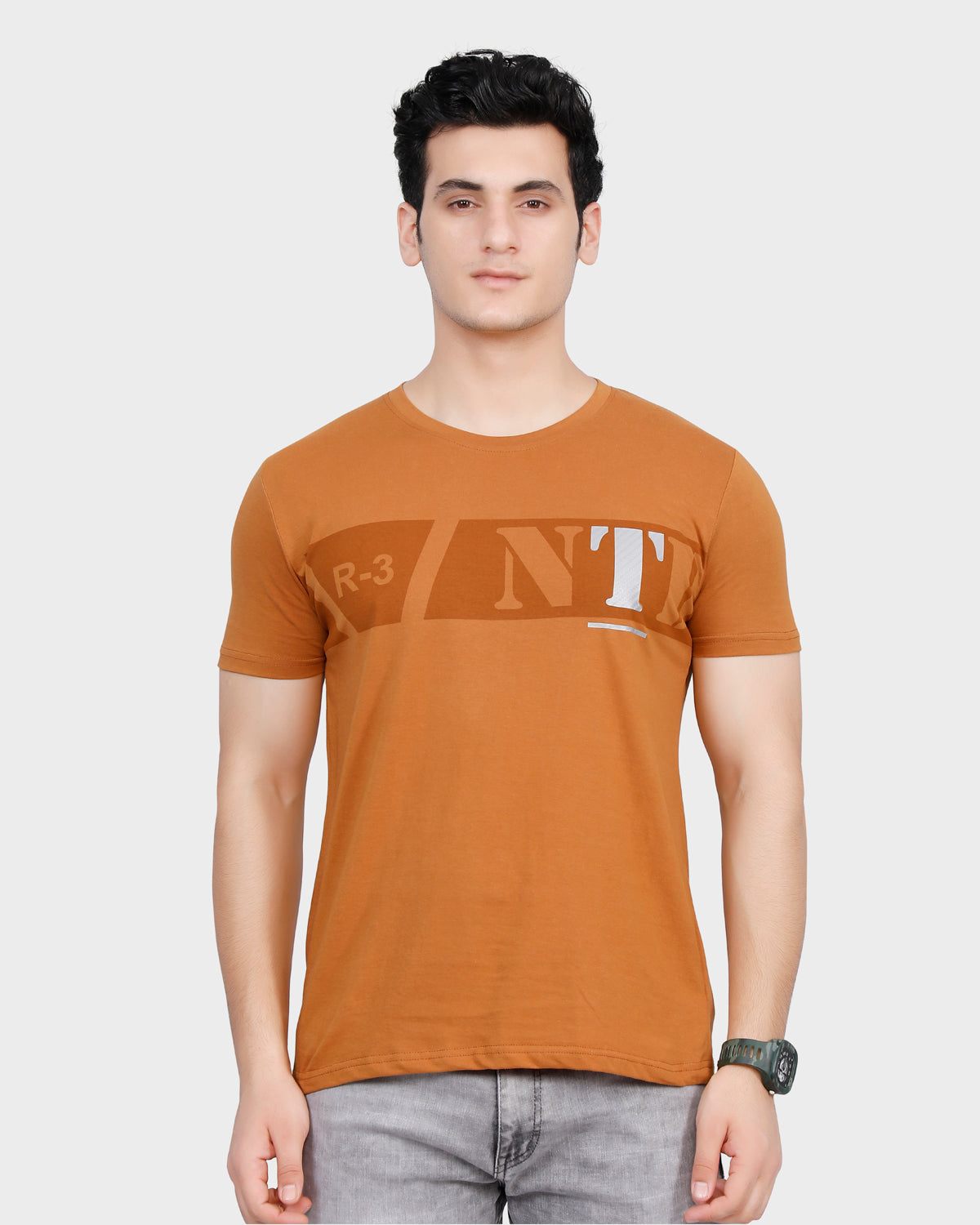Men Printed Round Neck T-Shirt - Camel Brown