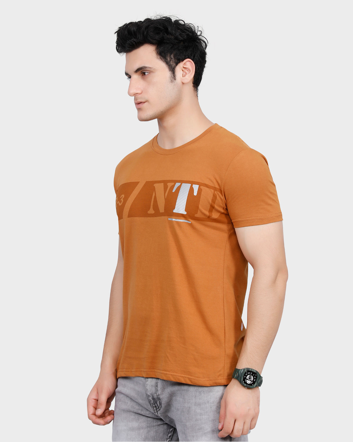 Men Printed Round Neck T-Shirt - Camel Brown