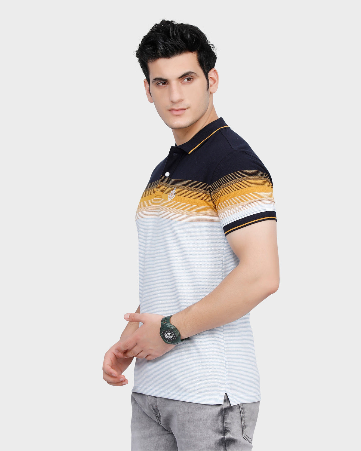 Men Half Sleeve Grey Striped Polo T-Shirt