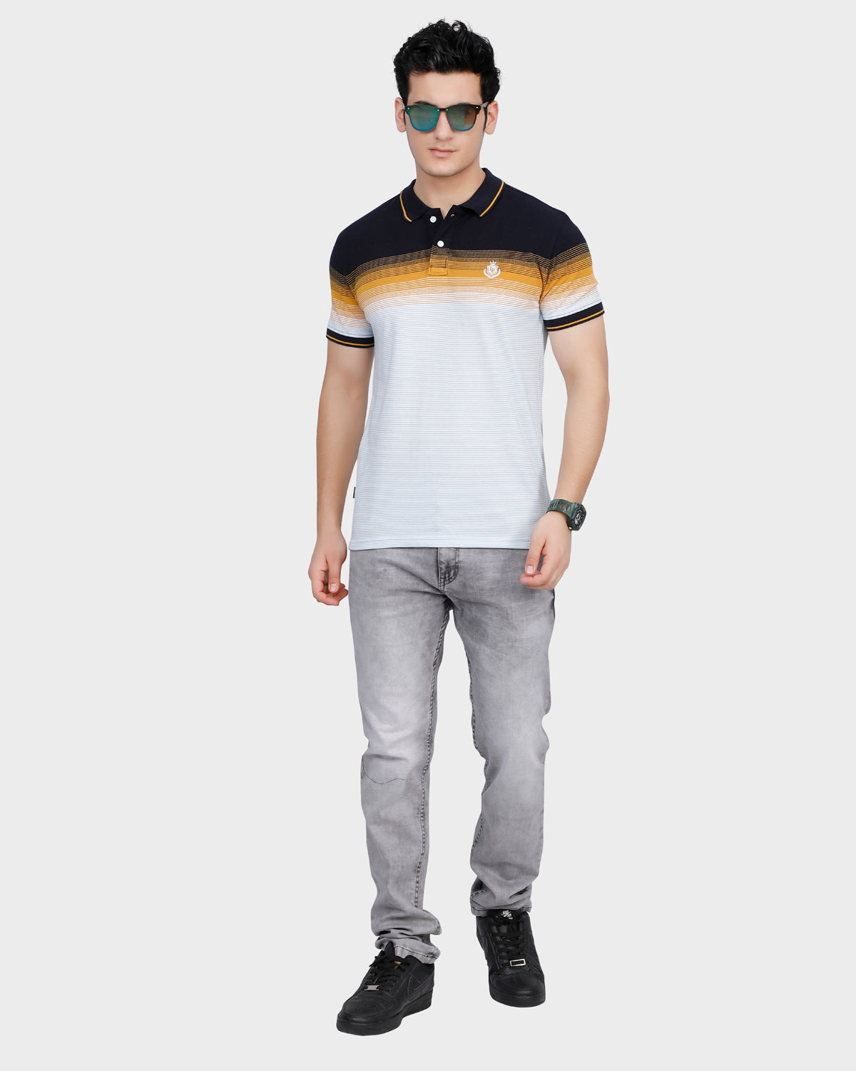 Men Half Sleeve Grey Striped Polo T-Shirt