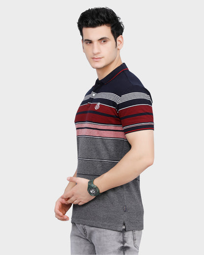 Multicolor Striped Polo T-shirt with Cutaway Collar - Red/Grey