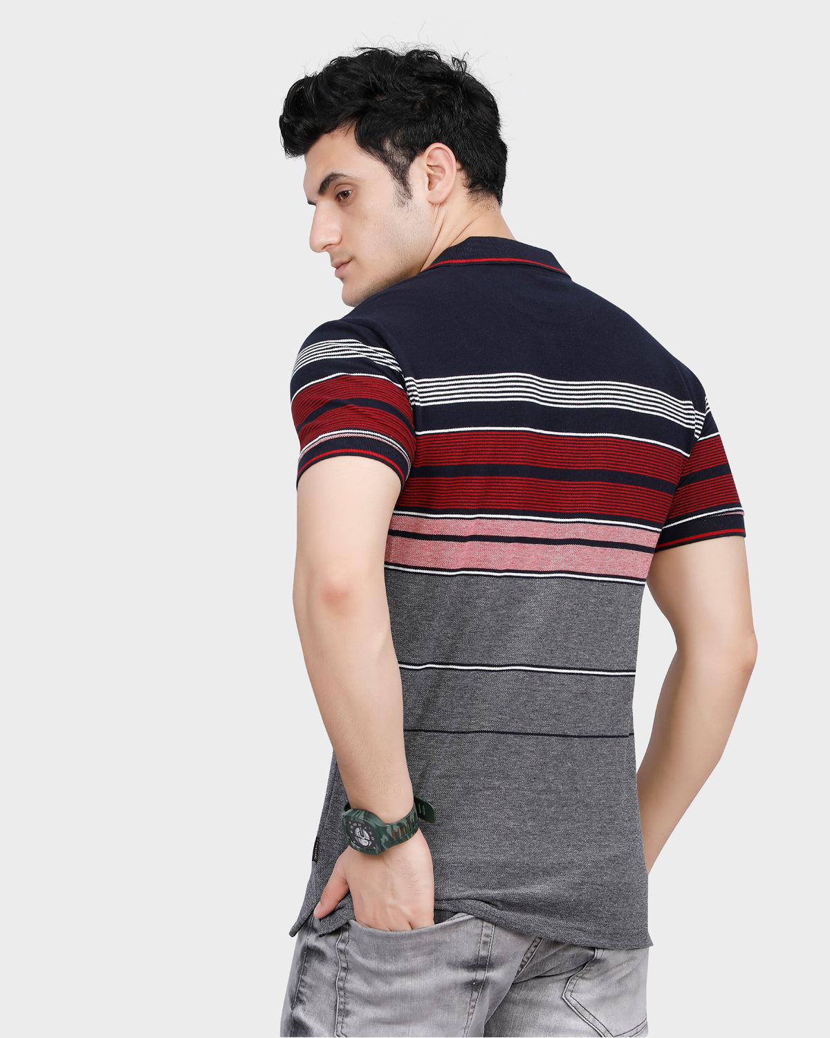 Multicolor Striped Polo T-shirt with Cutaway Collar - Red/Grey