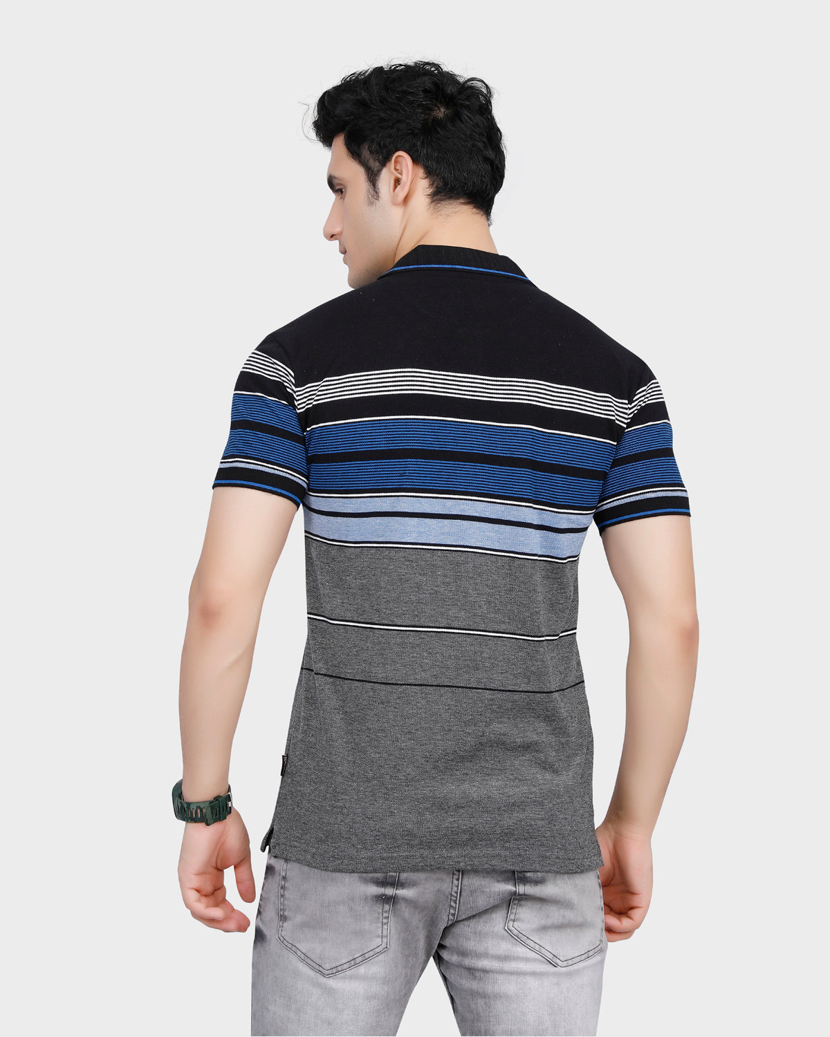 Multicolor Striped Polo T-shirt with Cutaway Collar - Blue/Grey