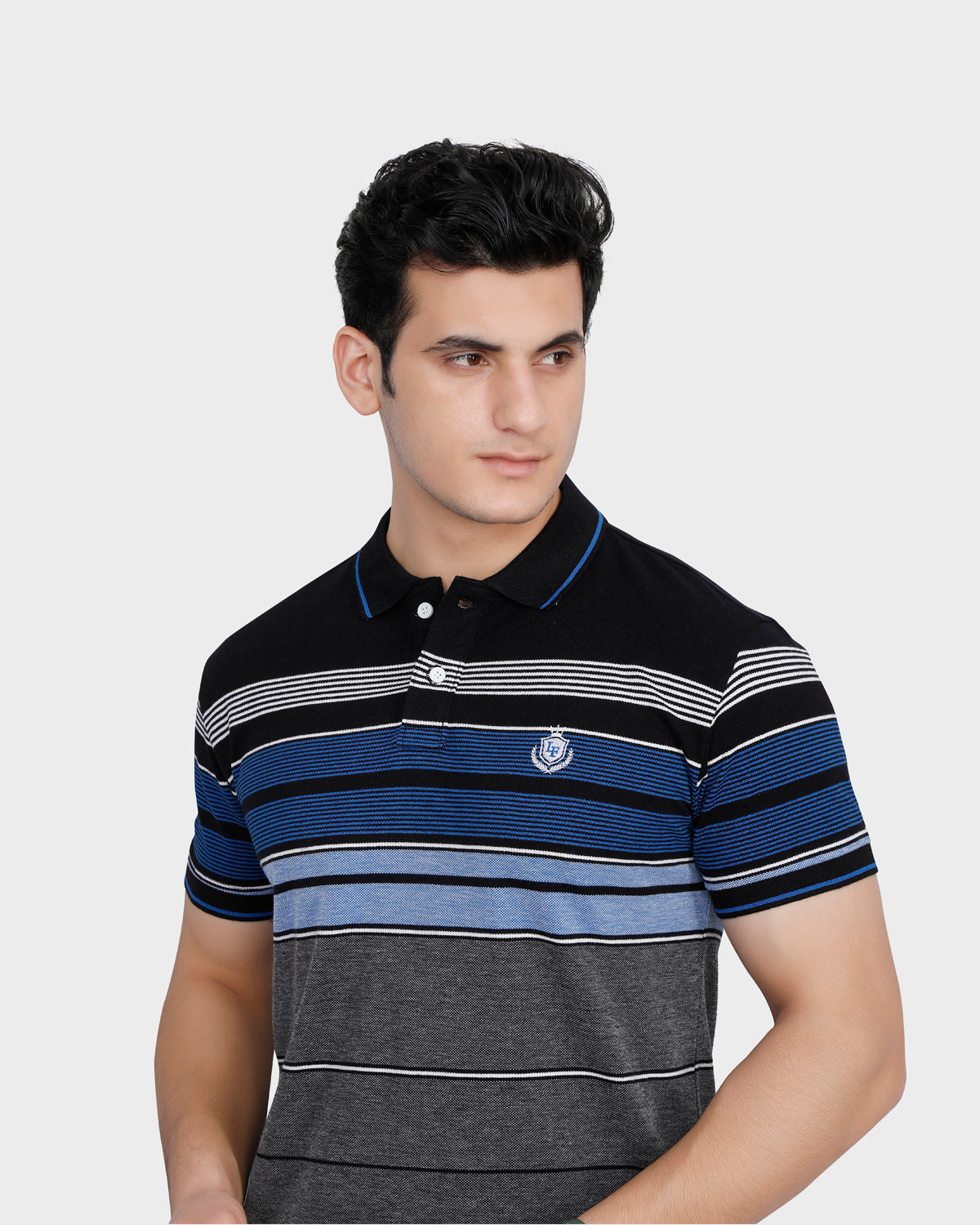Multicolor Striped Polo T-shirt with Cutaway Collar - Blue/Grey